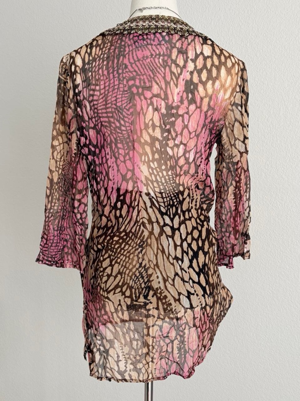 Chico's Embellished Sheer Animal-Print Tunic in Brown and Pink - Picture 5 of 8